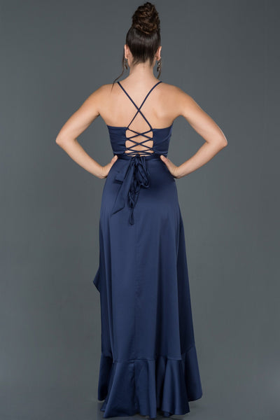 16027 blue ruffle slit satin dress