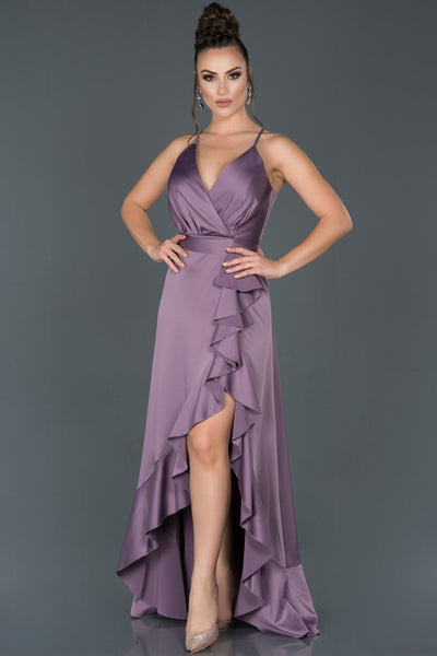 16034 lilac ruffle slit satin dress