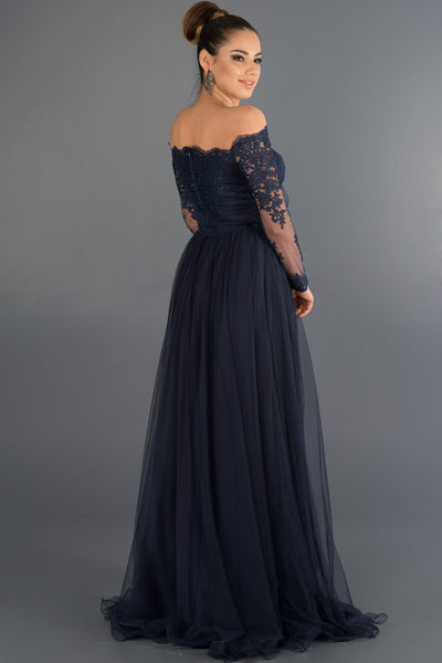  Navy Blue Lace Long Sleeve Evening Dress ABU019 
