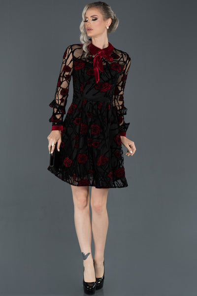 14785 Black-Red Self Patterned Tulle Dress
