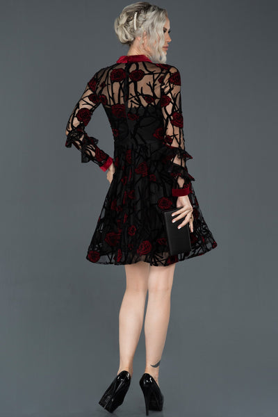  Red Self Patterned Long Sleeve Dress ABK366 