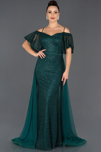 16021 green tulle side train lace dress