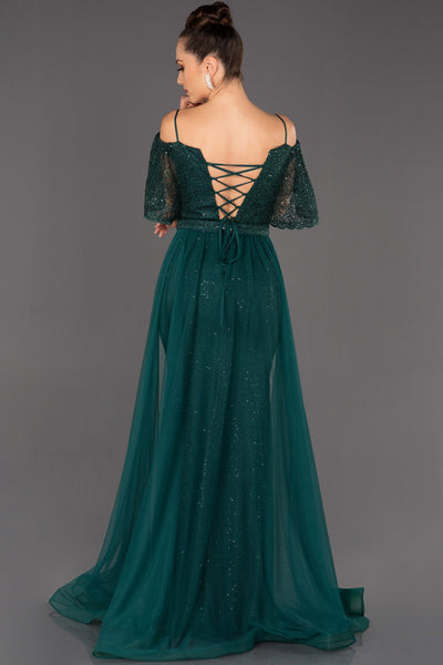 16021 green tulle side train lace dress