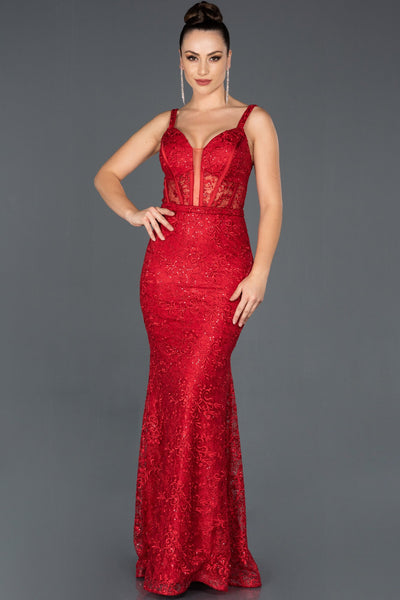 16056 red transparent detail corset lace dress
