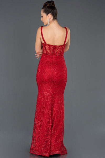 16056 red transparent detail corset lace dress