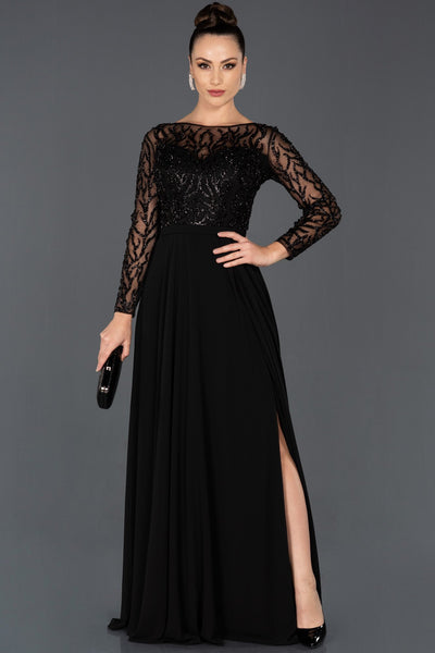 16593 black sequined tulle chiffon slit dress