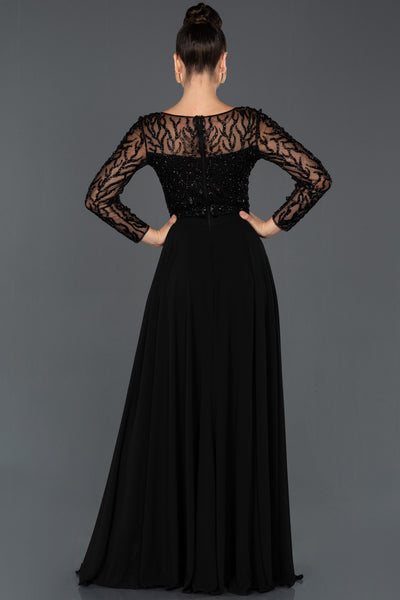 16593 black sequined tulle chiffon slit dress