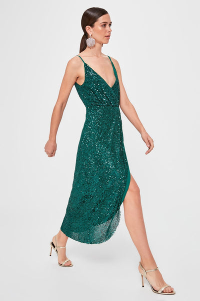 8394 Green Sequined Wrap Dress