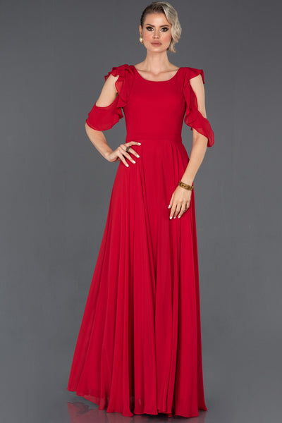 14515 red open back chiffon dress