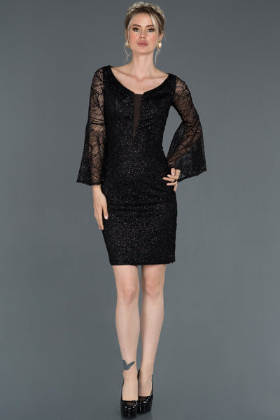 15990 black bell sleeve sequined tulle dress