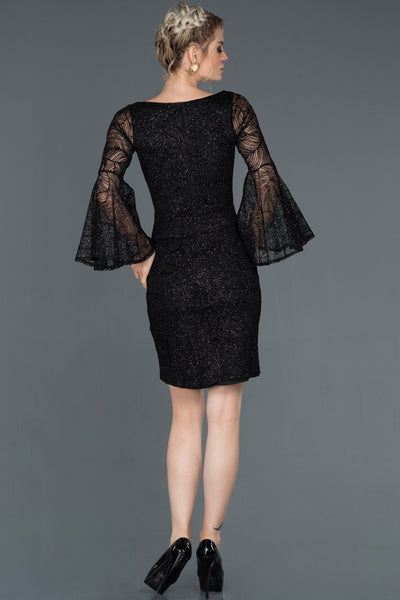 15990 black bell sleeve sequined tulle dress