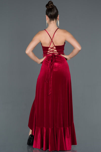 16065 burgundy ruffle slit velvet dress