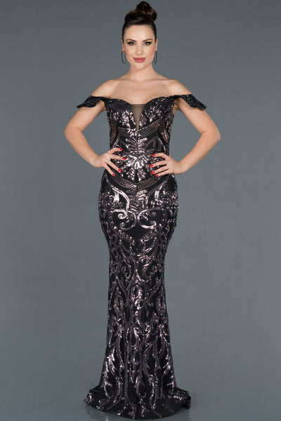 16001 black grey off shoulder sequined dress