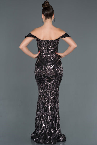 16001 black grey off shoulder sequined dress