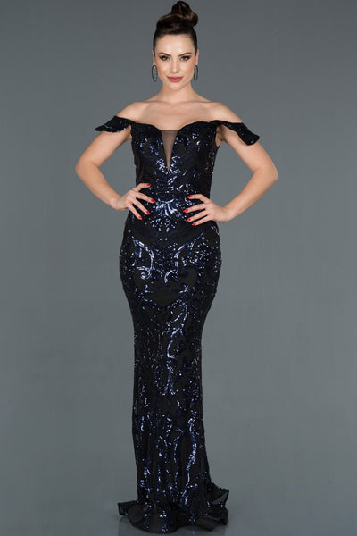 16002 navy blue off shoulder sequined dress