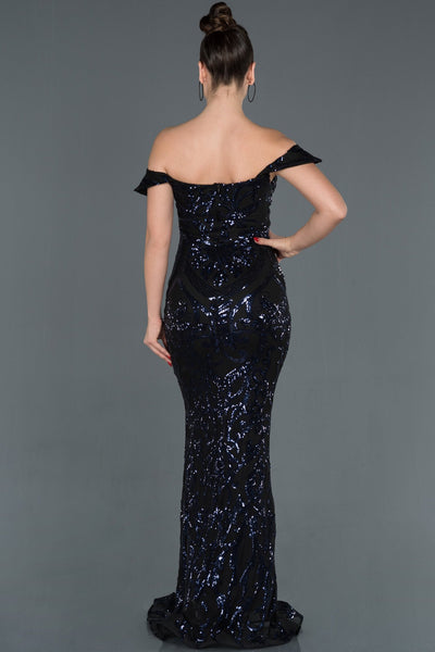 16002 navy blue off shoulder sequined dress