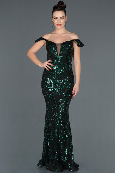 16003 emerald green off shoulder sequined dress
