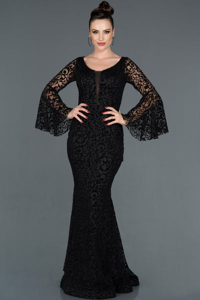 15996 black spanish sleeve embroidered tulle dress