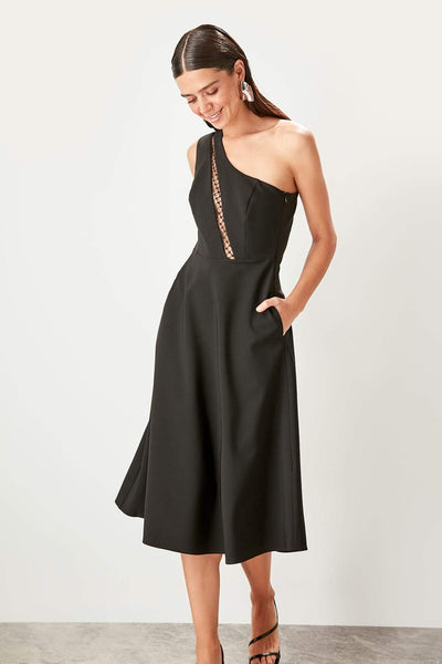 10861 Black One Shoulder Midi Dress