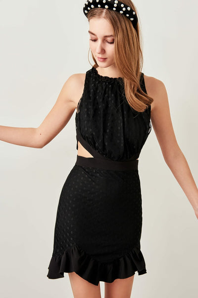 2810 Black Cutout Waist Polka Dot Dress