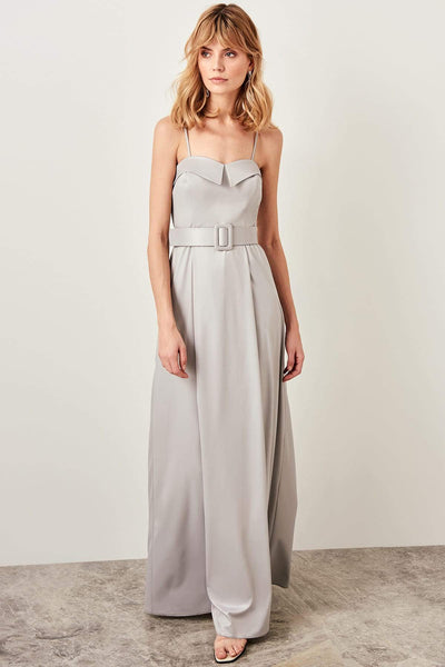  Grey Waistt Collar Detailed Evening Dress TPRSS19UZ0067 