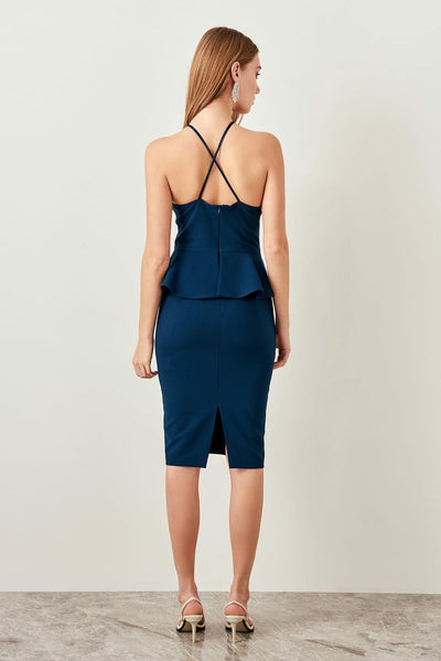 2771 Oil Blue Cross Strap Peplum Dress