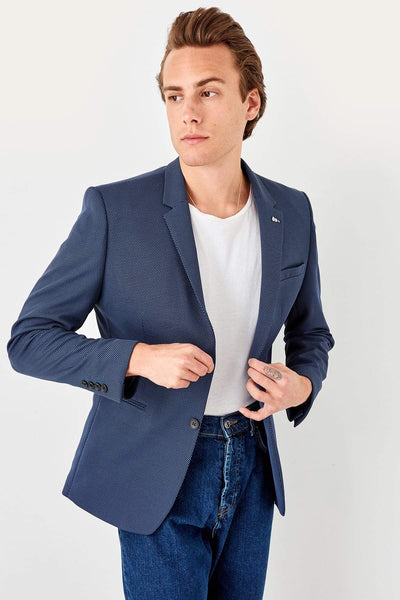  Navy Blue Men's Slim Fit Double Button Badge Jacket TMNSS19YY0002 
