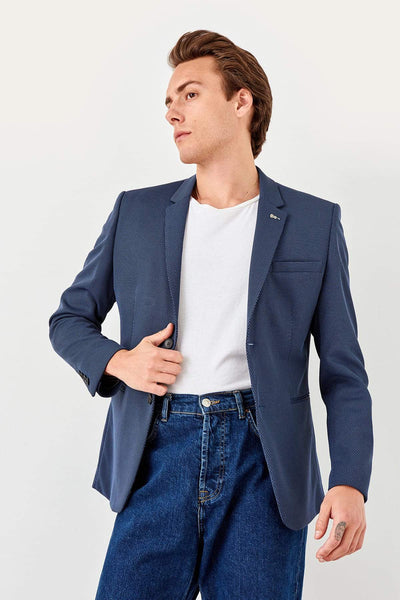  Navy Blue Men's Slim Fit Double Button Badge Jacket TMNSS19YY0002 