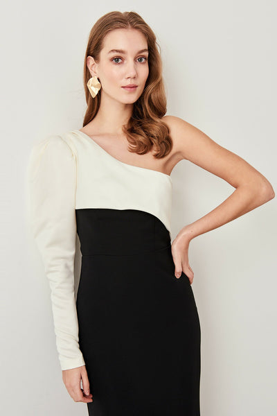2549 Black-Ecru One Shoulder Dress