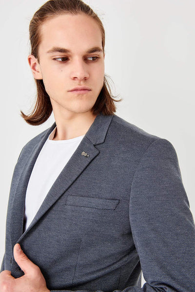  Navy Blue Men's Slim Fit Single Button Badge Jacket TMNSS19YY0005 