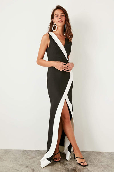 4588 Black Colour Block Trim Slit Dress
