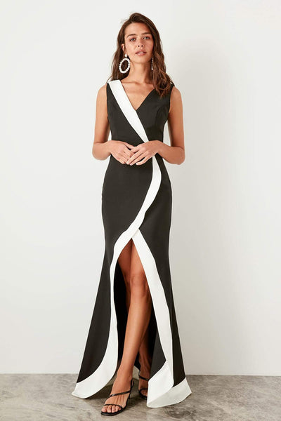 4588 Black Colour Block Trim Slit Dress