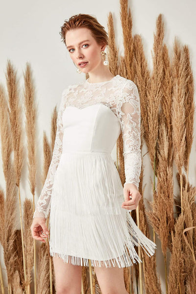 White Tassel Detailed Dress TPRSS19FZ0191 