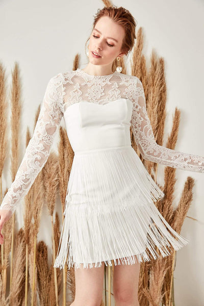  White Tassel Detailed Dress TPRSS19FZ0191 
