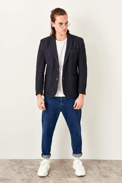  Navy Blue Men's Fitted Pocket Slim Fit Jacket TMNSS19BX0091 