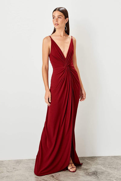  Burgundy Drape Detailed Evening Dress TPRSS19UT0099 