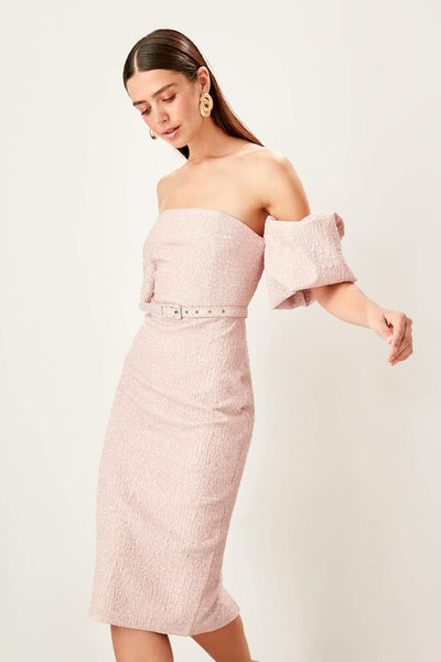  Pink Waistt Puffy Sleeve Dress TPRSS19FZ0335 