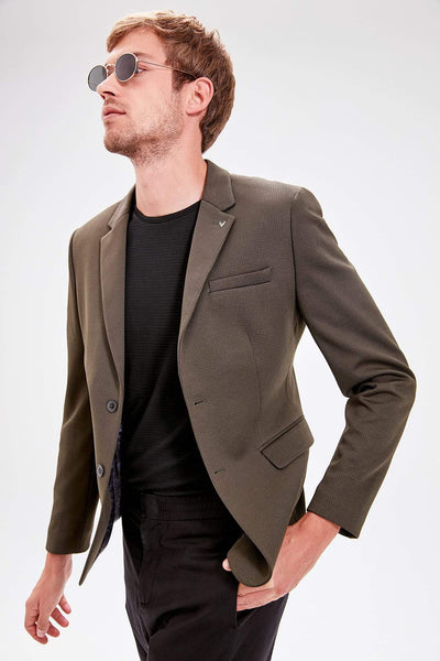  Khaki Men's Double Button Lapel Pin Slim Fit Jacket New TMNAW20CE0018 