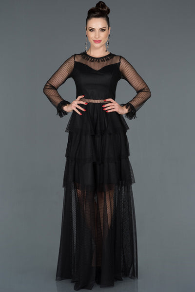  Black Transparent Long Sleeve Tulle Evening Dress ABU1114 