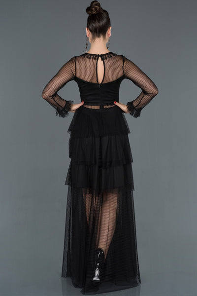  Black Transparent Long Sleeve Tulle Evening Dress ABU1114 