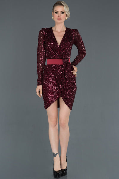 16061 burgundy draped cutout back sequined dress