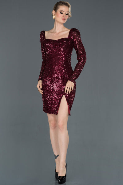 16041 claret red square neck slit sequins dress