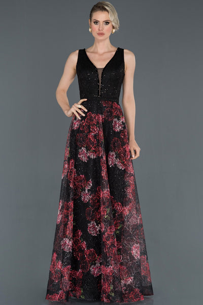  Black-Red Long Rose Patterned Evening Dress ABU1145 