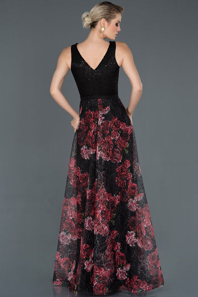  Black-Red Long Rose Patterned Evening Dress ABU1145 