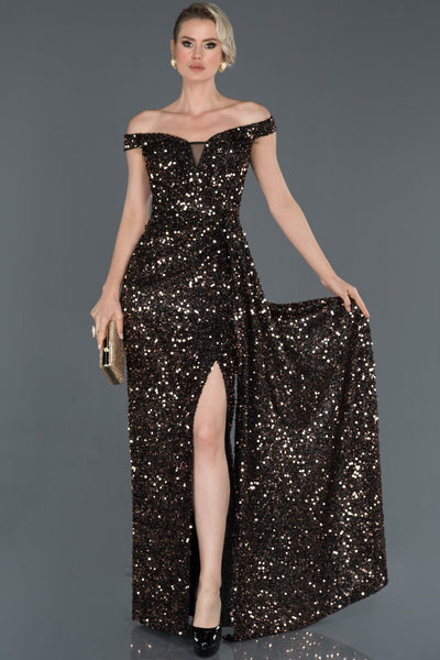 15981 black gold off shoulder sequin slit dress