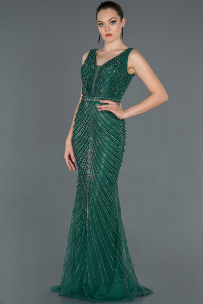 17035 emerald green stone embroidered tulle dress