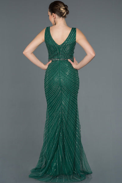 17035 emerald green stone embroidered tulle dress