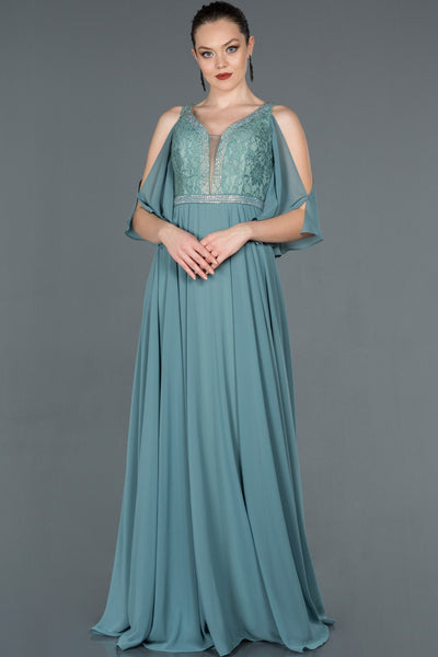  Turquoise Guipure Stone Embroidered Chiffon Evening Dress ABU1152 