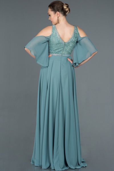  Turquoise Guipure Stone Embroidered Chiffon Evening Dress ABU1152 