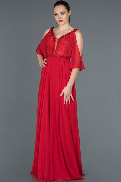  Red Guipure Stone Embroidered Chiffon Evening Dress ABU1152 